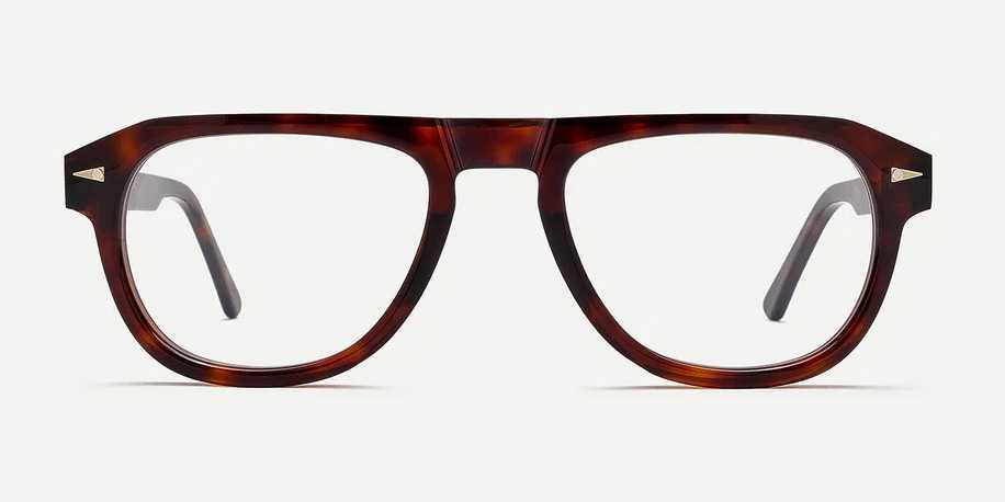 Thick, Rounded, Dark blue plastic frames with silver rivets