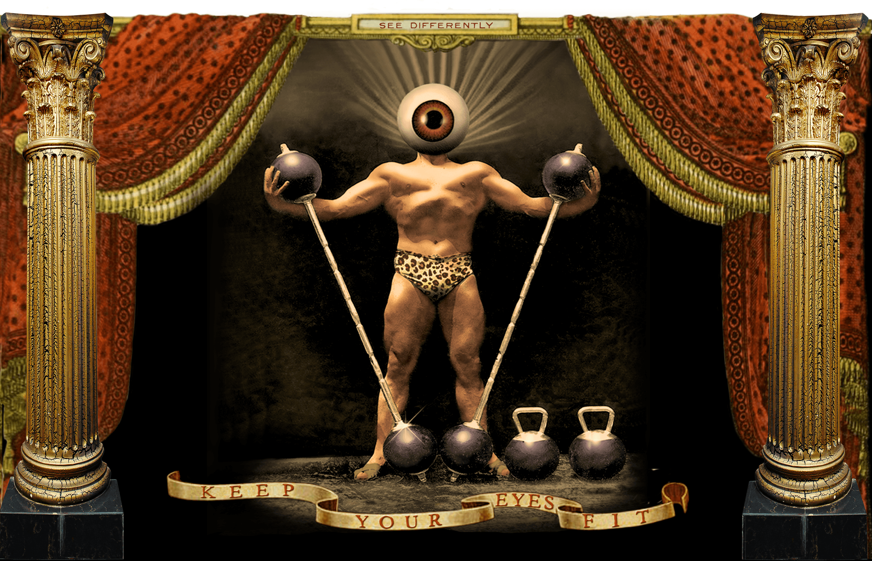 Illustration of Muscular man with eyeball head, between two ornate, golden columns. He is wearing leopard print underwear.
